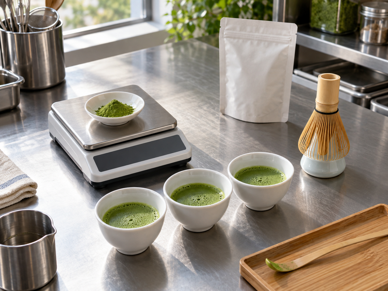 Decaf matcha powder on a scale beside three tasting bowls and a bamboo whisk
