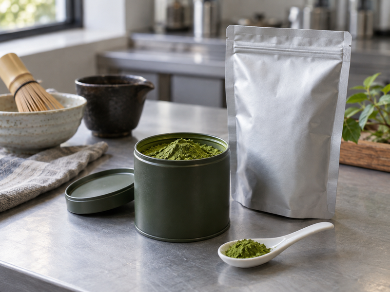 Decaf matcha powder in an opaque sample tin beside a sealed pouch