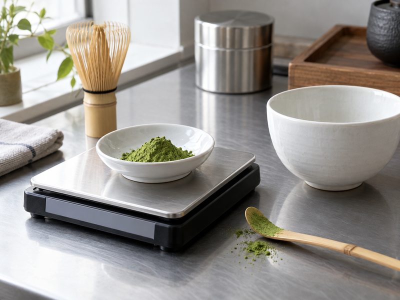 Weighed decaf matcha powder beside a serving bowl and scoop