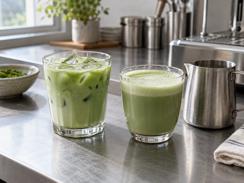 Warm and iced decaf matcha milk drinks prepared for a cafe recipe comparison