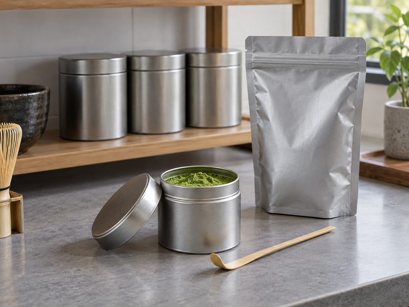 Closed matcha tins and a small working container with a dry scoop
