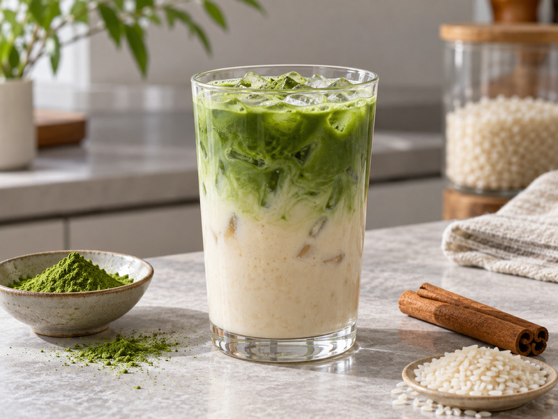 Horchata matcha in a clear iced glass with cinnamon and matcha powder