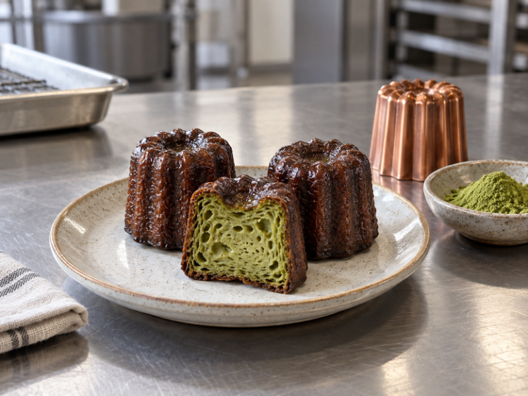 Fresh matcha caneles on a pastry cafe counter