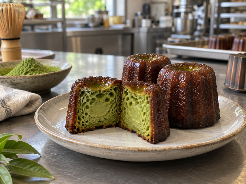 Matcha caneles with crisp fluted shells and green custardy centers