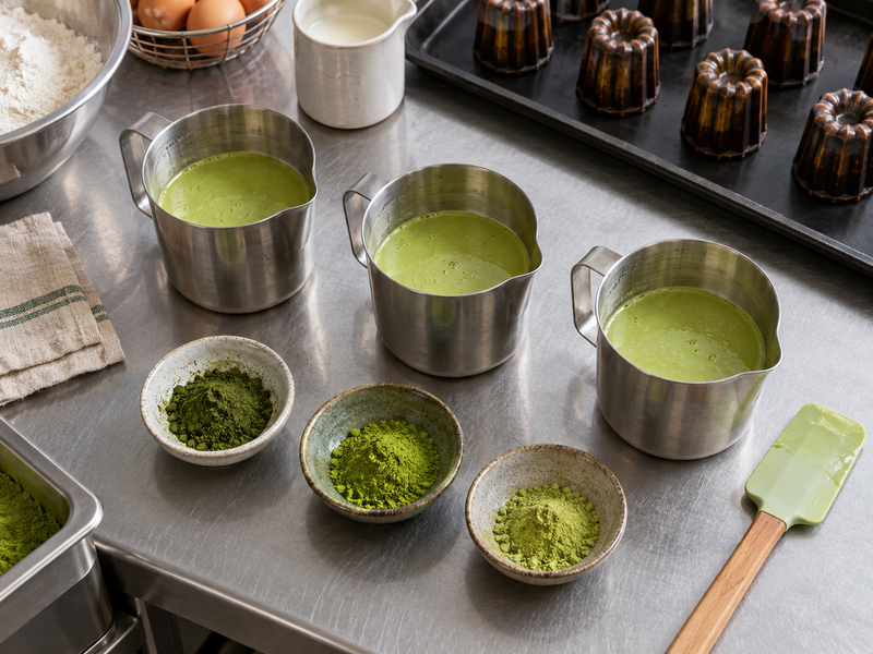 Three small jugs of green canele batter beside weighed matcha portions