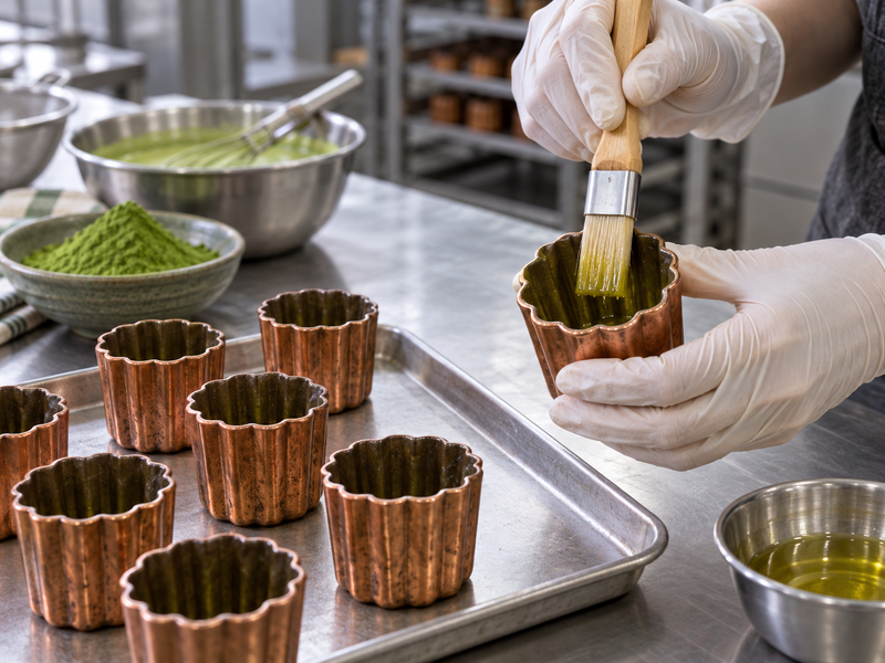 Fluted metal canele molds being brushed with a thin release coating