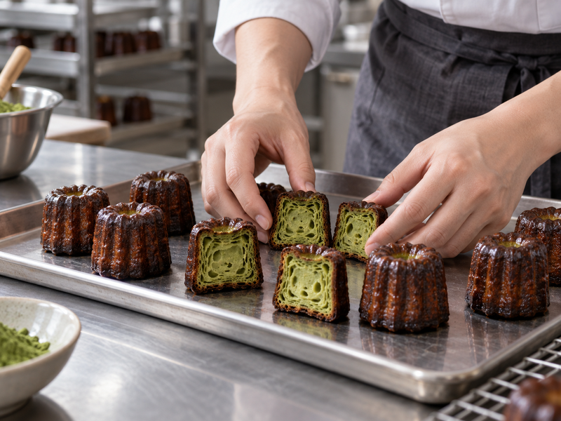 A baker comparing cut caneles on a tray to inspect their interior structure