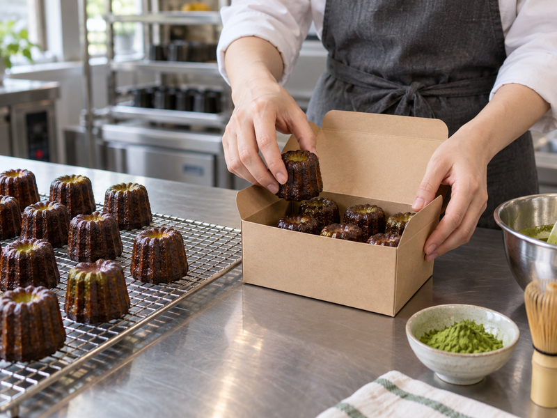 Accepted matcha caneles being counted into bakery boxes beside a cooling rack