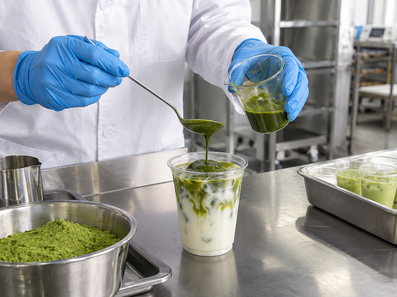 Two trial bottles of matcha concentrate with measured cafe servings