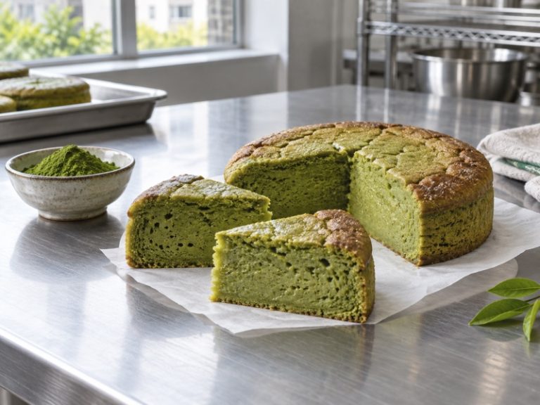 Sliced matcha mochi cake on a professional bakery development table