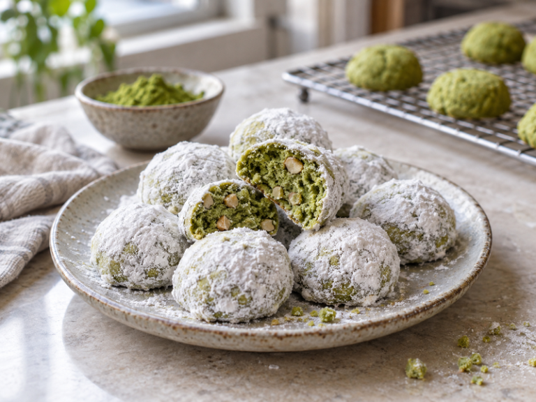 White sugar coated matcha snowball cookies with a green nut center