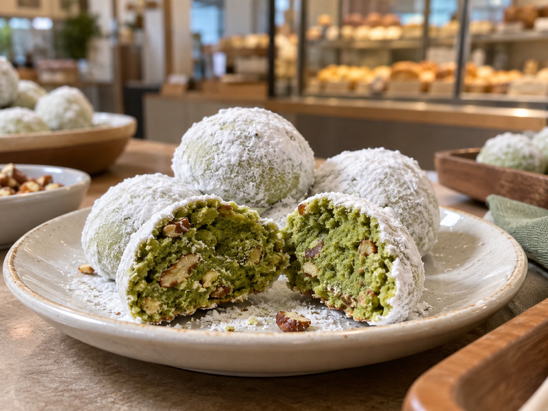 Matcha snowball cookies broken open to show a green nut crumb