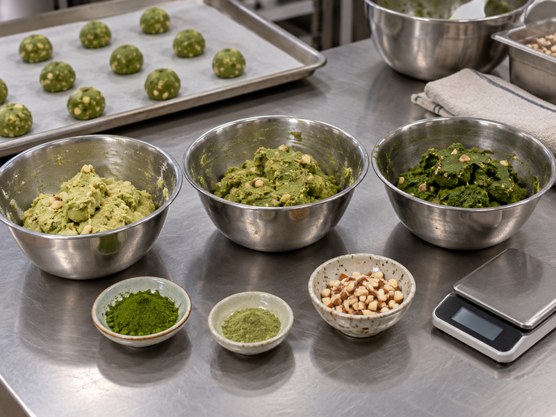 Three small bowls of matcha snowball dough beside weighed tea powder