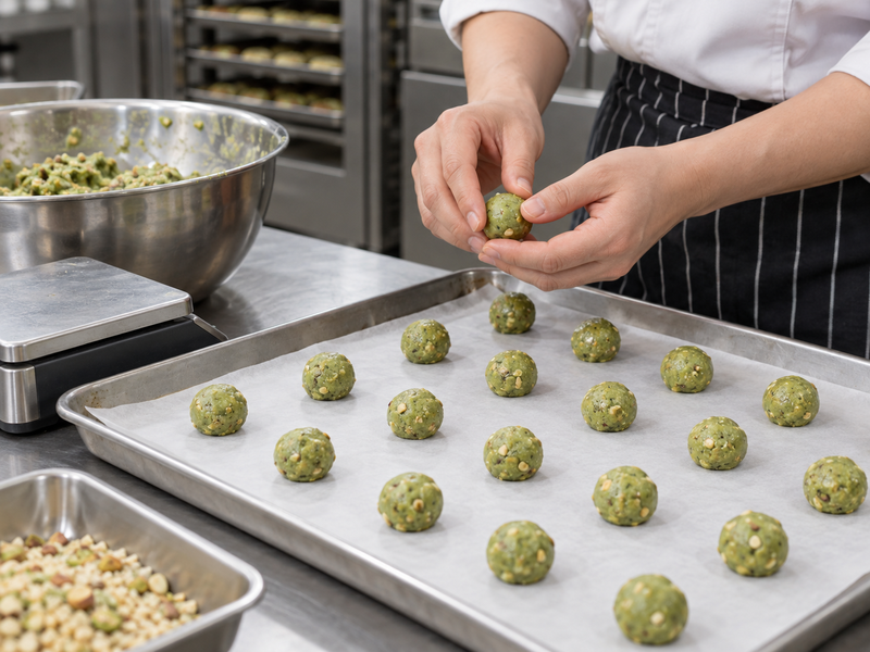 A baker portions pale green nut dough into evenly sized balls on a tray