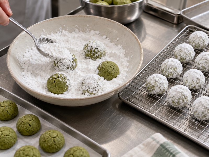 Cooled green snowball cookies being gently coated in a shallow bowl of powdered sugar