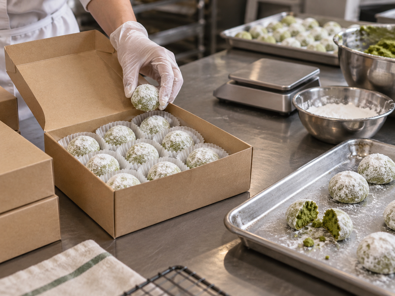 Packed snowball cookies beside a scale and a tray of intact and broken samples