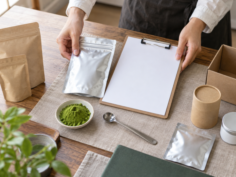 Matcha supplier brief represented by powder samples and application materials