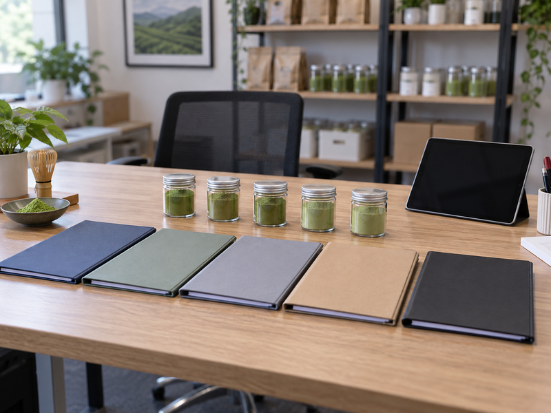 Matcha supplier inquiry materials on a commercial desk