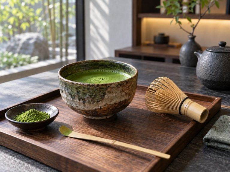 Matcha tea ceremony setting with ceramic bowl of whisked tea and bamboo whisk