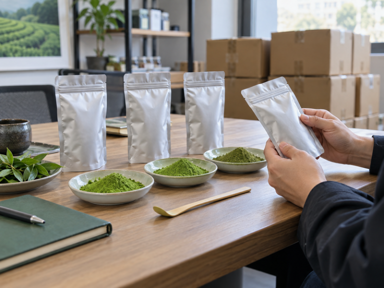 Matcha wholesale samples and sealed ingredient pouches on a purchasing table