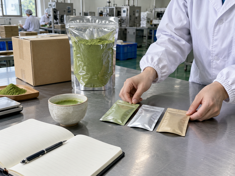 Matcha wholesale samples and bulk packs arranged for a purchasing review