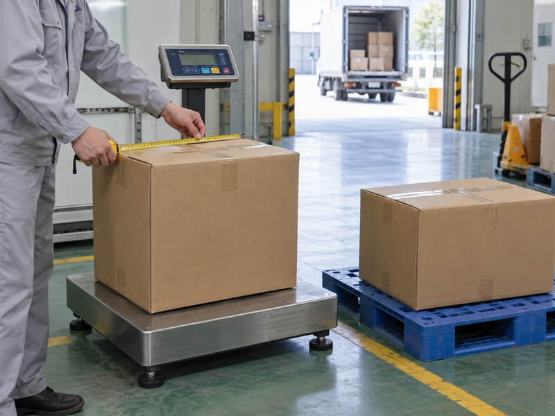 Packed ingredient cartons being measured before freight booking