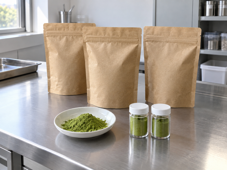 organic matcha wholesale: Wide diagonal view of sealed plain kraft organic matcha packs, a shallow green powder bowl and traceable sample jars on a clean factory inspection bench