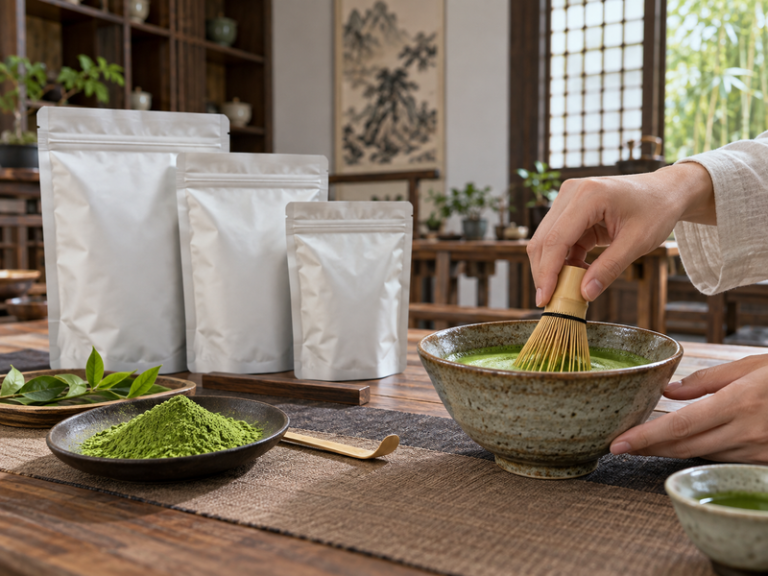ceremonial matcha wholesale: Low angle view of a ceramic whisked matcha bowl and sealed plain bulk pouches in a Chinese tea tasting room