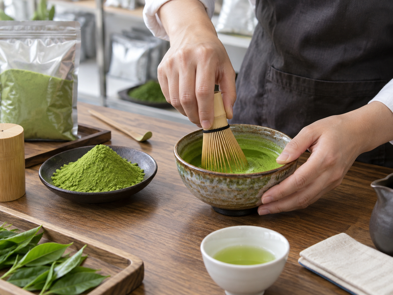 ceremonial matcha wholesale: adult hands whisking matcha at a Chinese tasting bench
