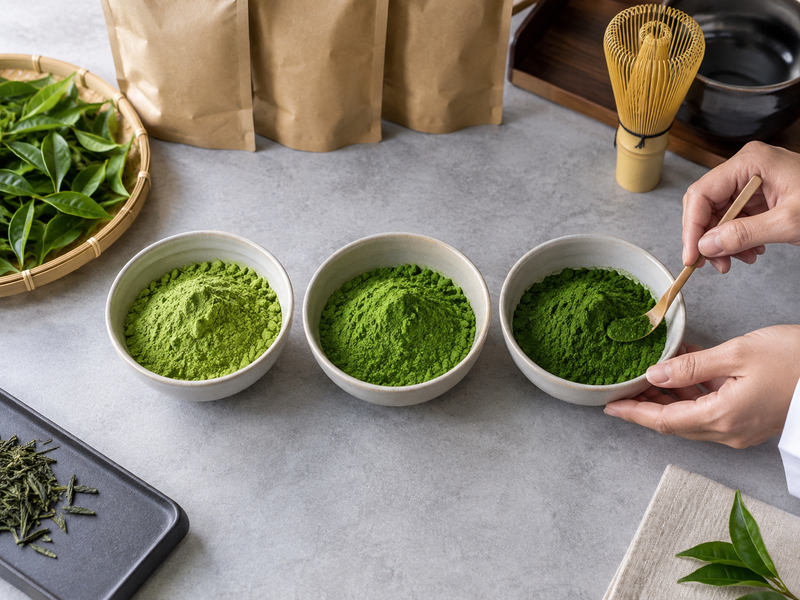 ceremonial matcha wholesale: plain bowls and coded green tea samples for a service comparison
