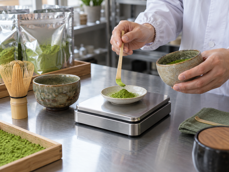 ceremonial matcha wholesale: adult hands weighing matcha beside a bamboo whisk and cup