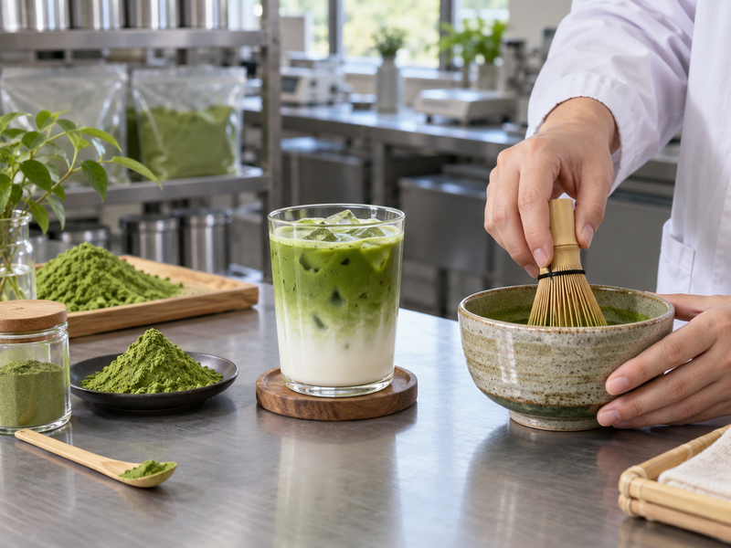 ceremonial matcha wholesale: straight matcha and a latte arranged for application comparison