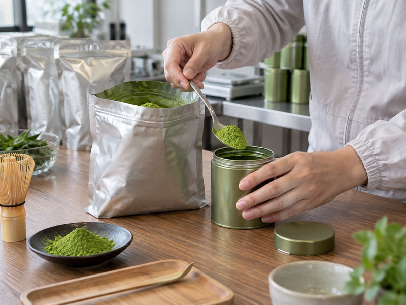 ceremonial matcha wholesale: powder transfer into a small lidded service tin