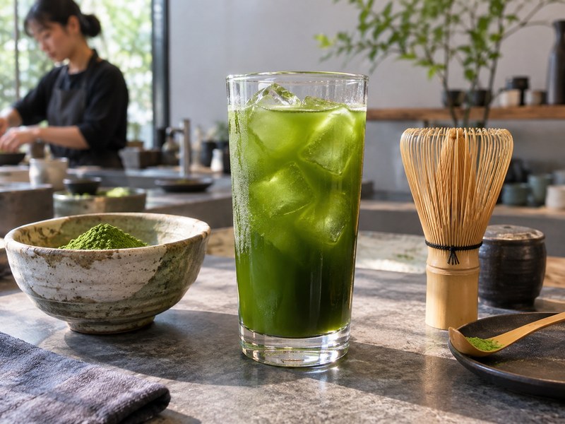 Clear glass of iced matcha tea beside matcha powder and a mixing whisk
