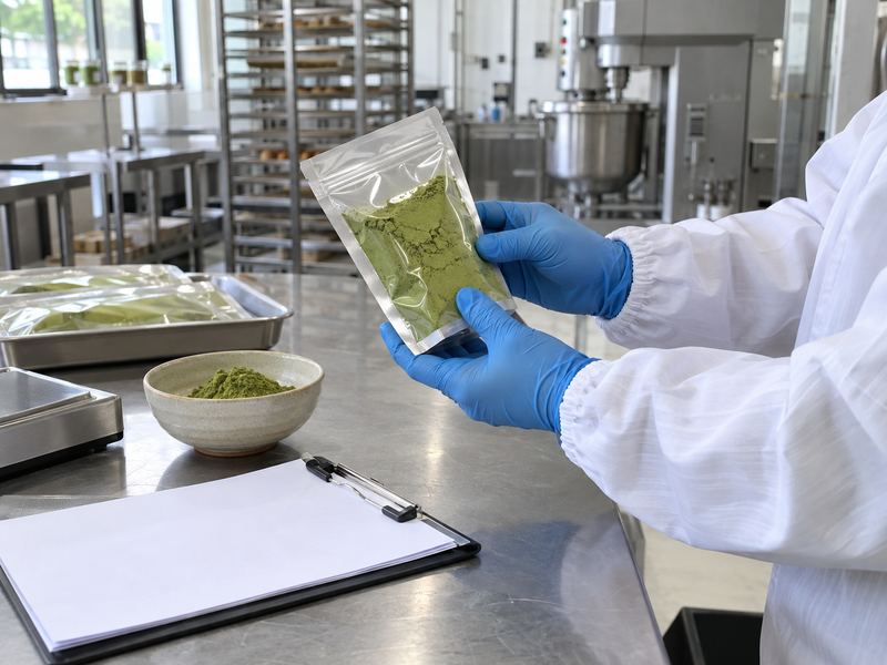 Kosher matcha buyer reviewing a labeled powder sample and certification documents