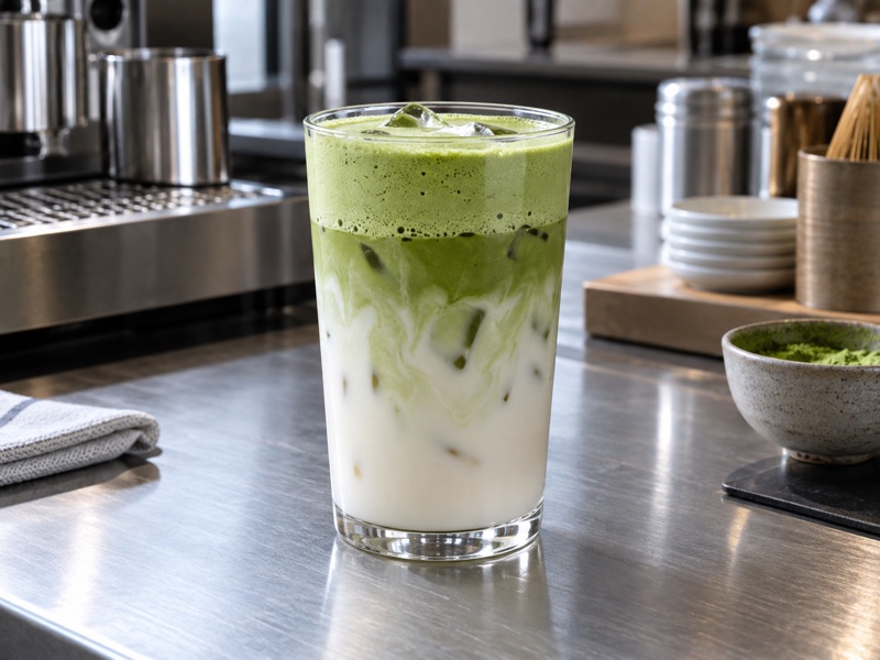 A clear iced drink with a pale green matcha cold foam cap on a café counter