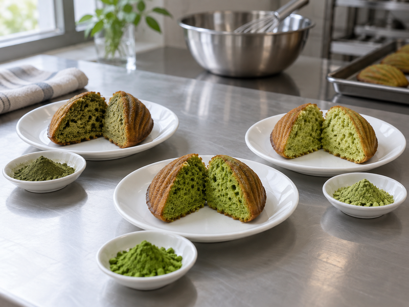 Matcha madeleine crumb samples beside small portions of tea powder