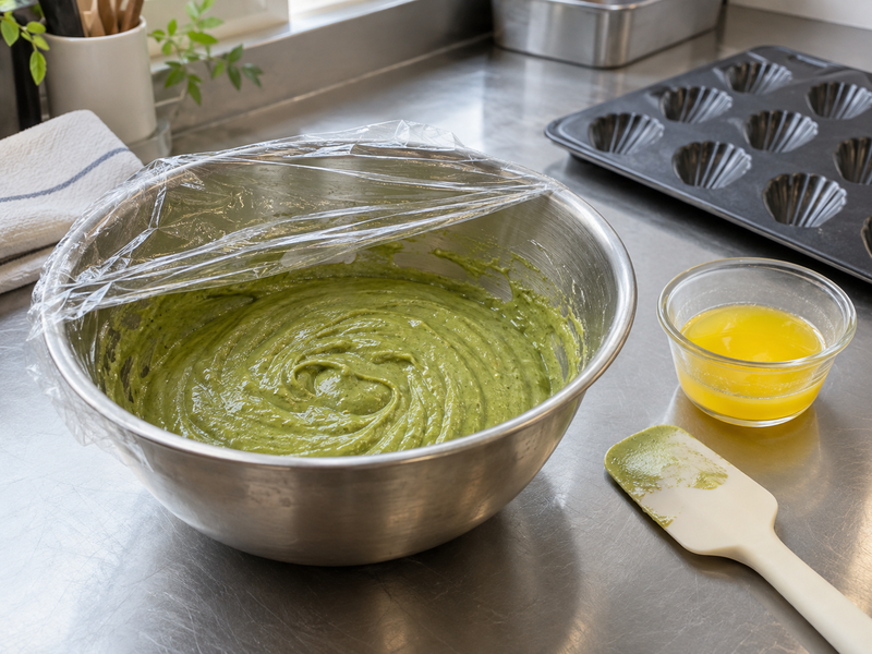Resting matcha madeleine batter in a covered mixing bowl