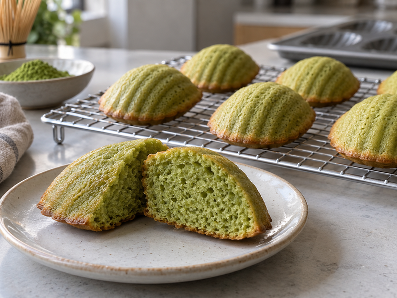Matcha madeleines cooling on a wire rack with a cut crumb sample