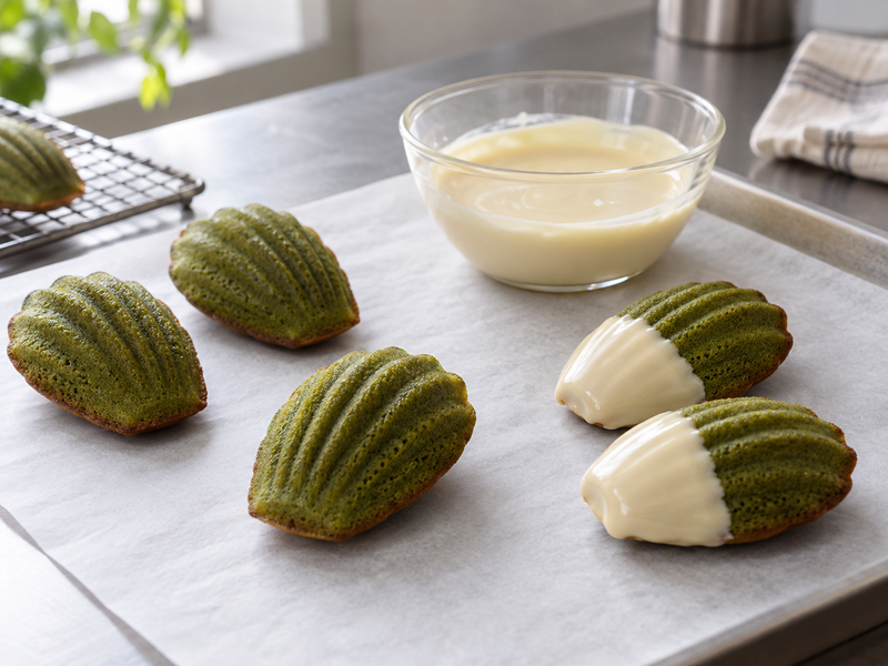 Plain and white-chocolate-dipped matcha madeleines on parchment
