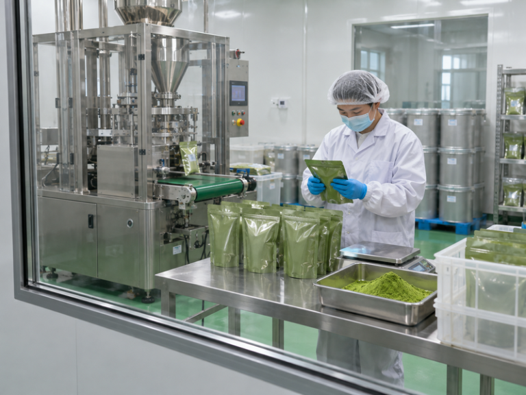 Worker inspecting sealed pouches in a matcha packing room