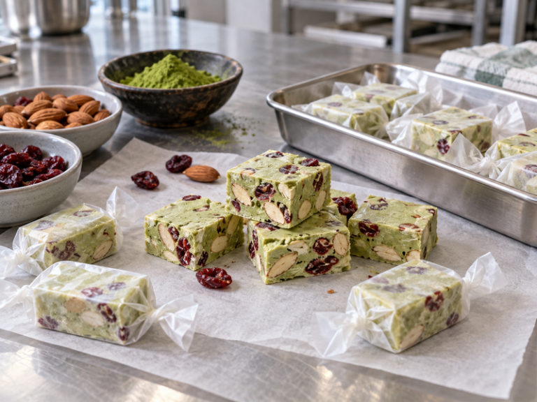 Fresh matcha nougat presented in a bakery