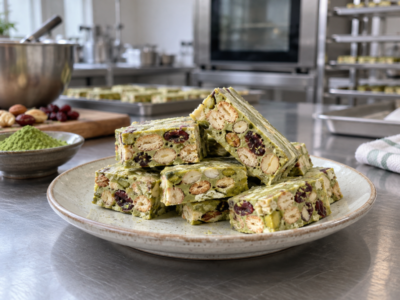 Matcha nougat pieces showing pale green candy and crisp biscuit inclusions