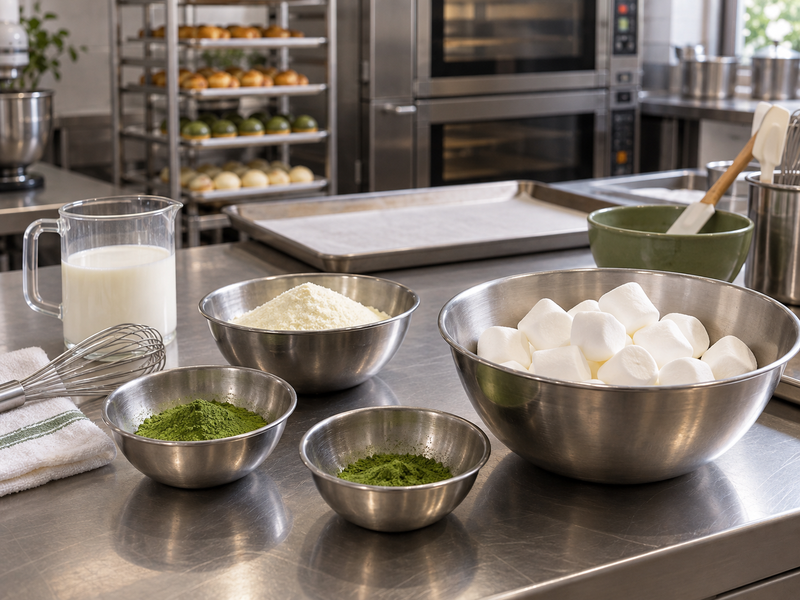 Small matcha and milk powder portions arranged beside marshmallows for nougat trials