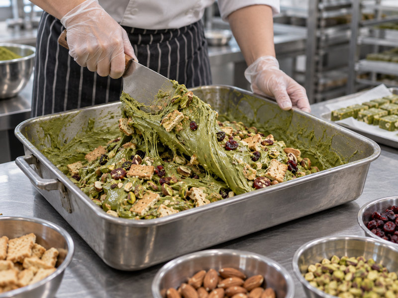 Biscuit fragments, roasted nuts and dried fruit being folded into green nougat