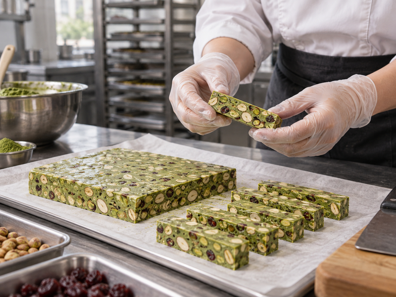 Cut matcha nougat samples being inspected for even inclusions and clean edges