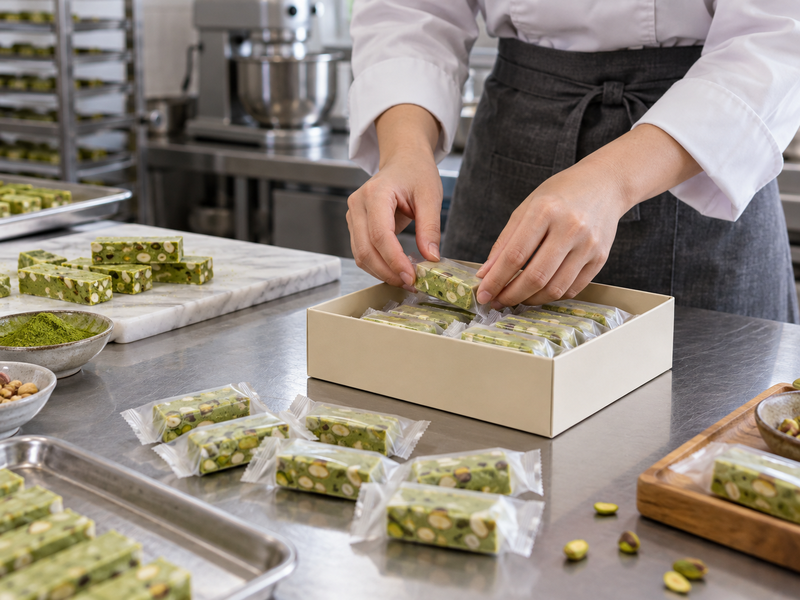 Individually wrapped matcha nougat pieces being arranged in a plain gift box