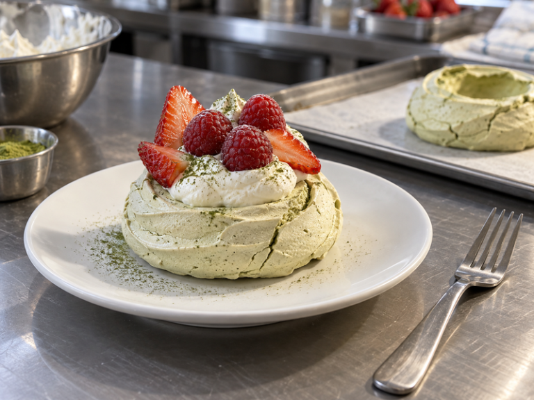 Matcha pavlova with green cream and fresh berries