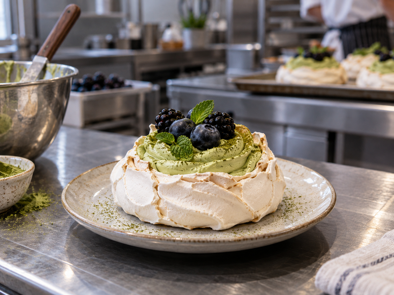 An individual matcha pavlova with green cream and berries on a cafe dessert plate