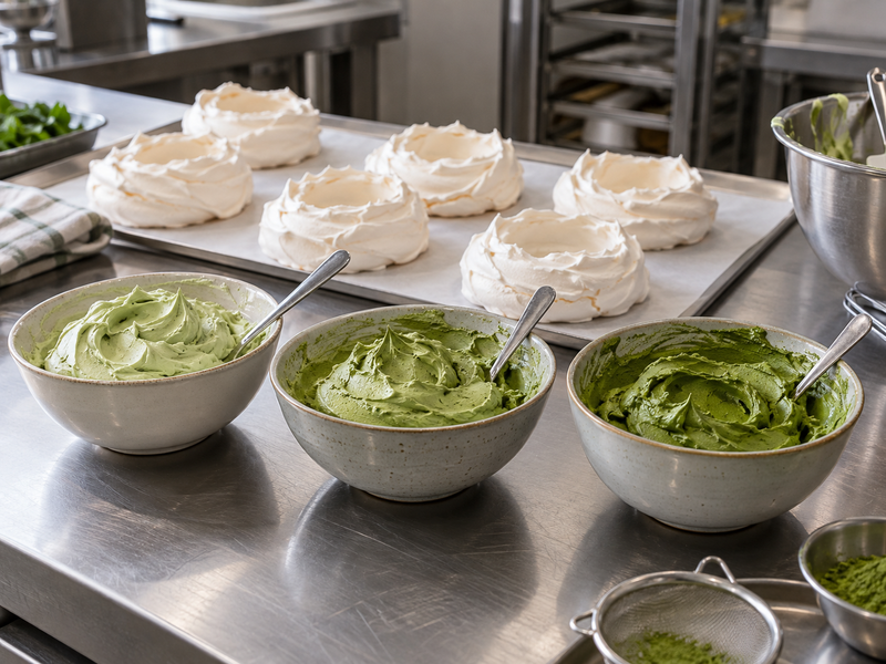 Three small portions of pale to deeper green matcha cream beside plain meringue nests